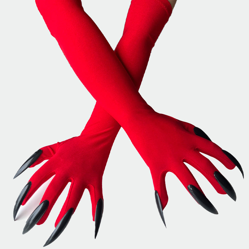 Long nail gloves with red sleeves and black pointed clawed fingers.