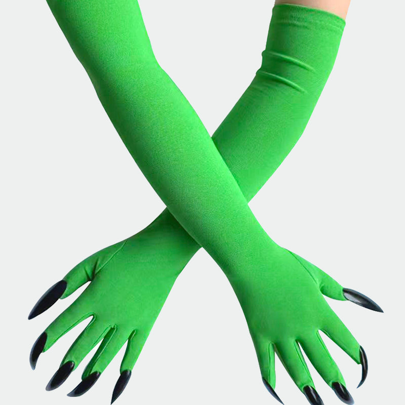 Green long nail gloves with claw-like black tips, demon paw style