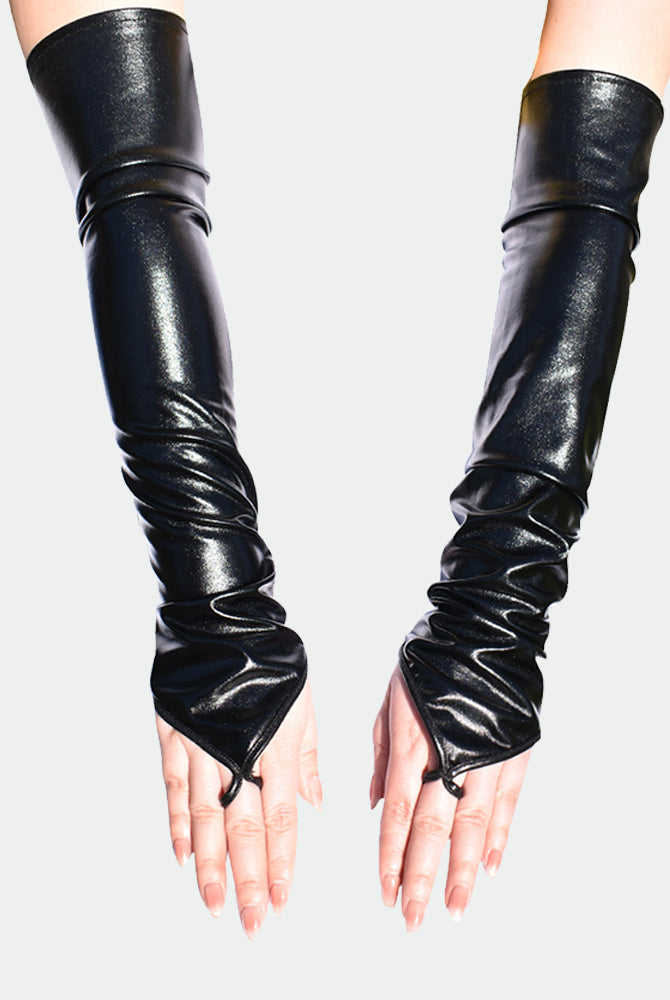 Black PU leather fingerless gloves with long sleeves and ruched wrist cuffs