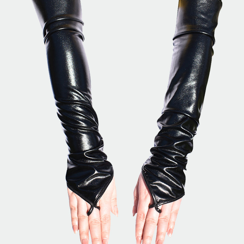 Black PU leather fingerless gloves with long sleeves and ruched wrist cuffs