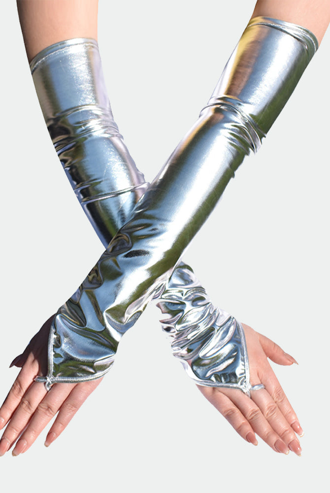 Silver PU leather fingerless gloves with long arm warmers, ruched wrist and open fingers