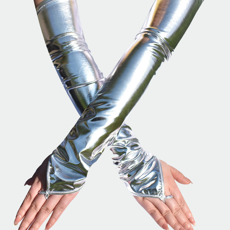 Silver PU leather fingerless gloves with long arm warmers, ruched wrist and open fingers