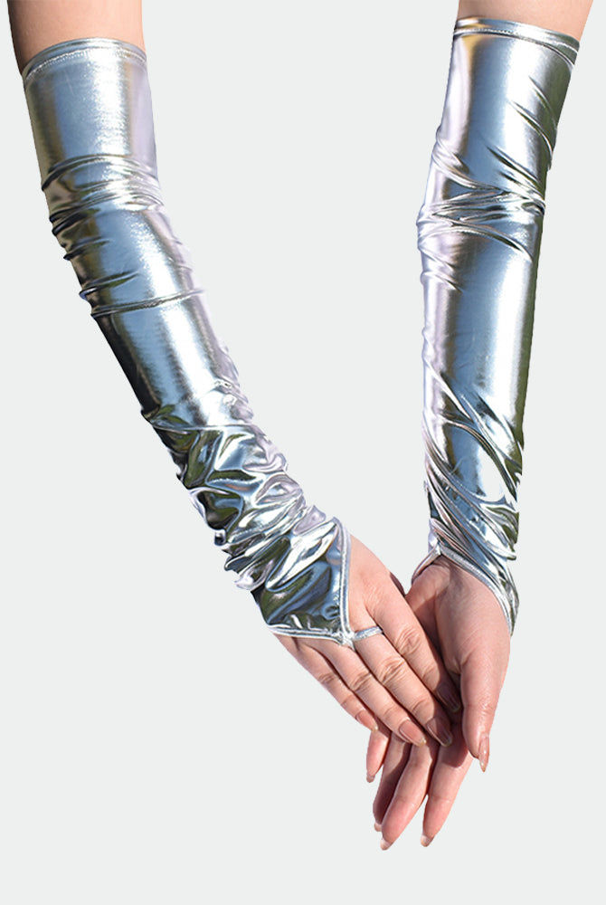 Silver PU leather fingerless gloves, long sleeves with ruched cuffs and exposed fingertips