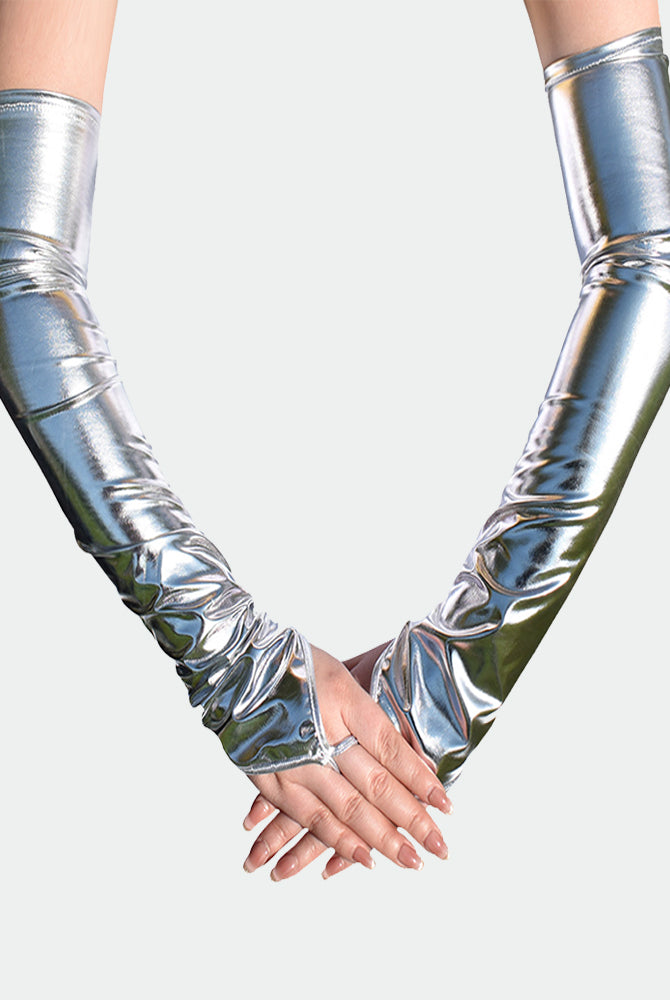 Silver PU leather fingerless gloves with long arm warmers and gathered wrist detail