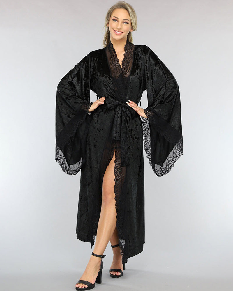Velvet Belted Robe with Lace Trim – AVIDLOVE