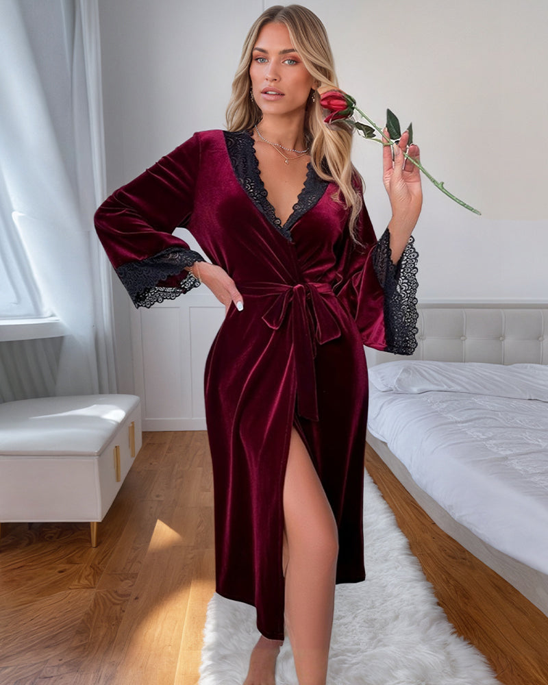 Velvet Belted Mid-Robe with Lace Trim – AVIDLOVE