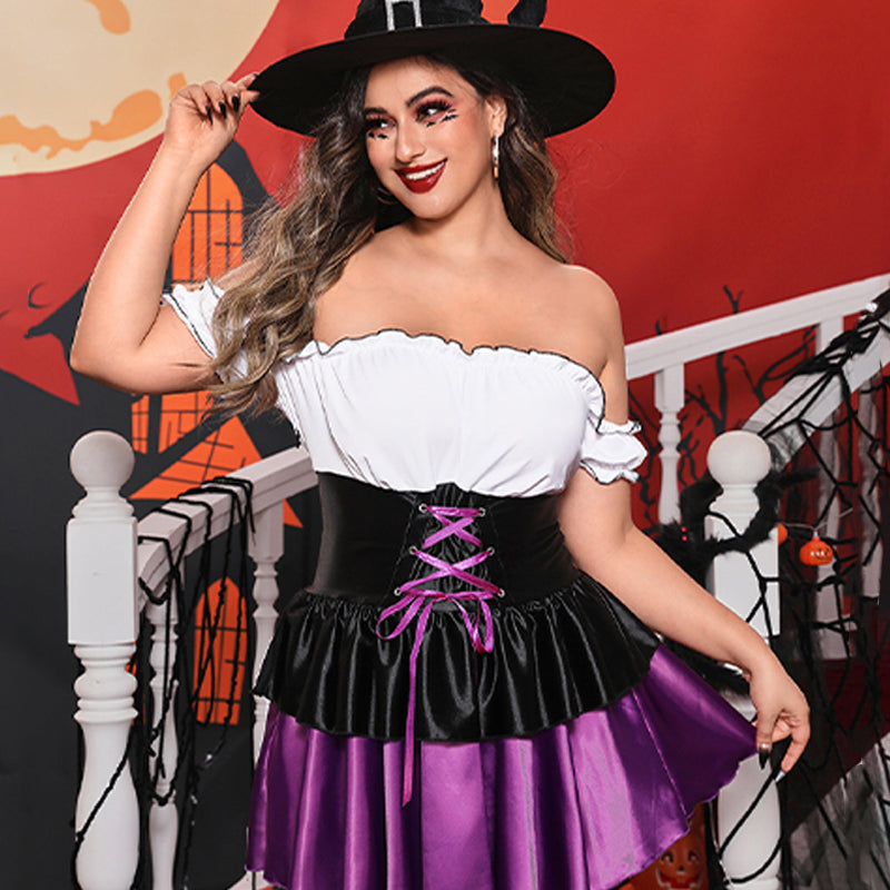 Off-shoulder cosplay dress with white ruffled neckline, black corset bodice and purple skirt