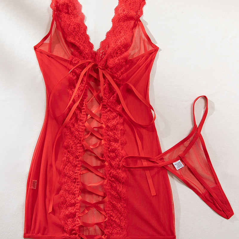 Deep V Neck Backless Lace-up Slip Dress