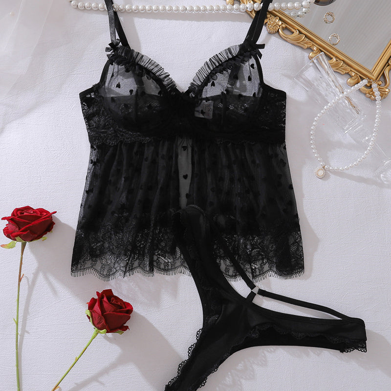 Durchsichtiges Pyjama-Set mit Patchwork und Fleckenspitze