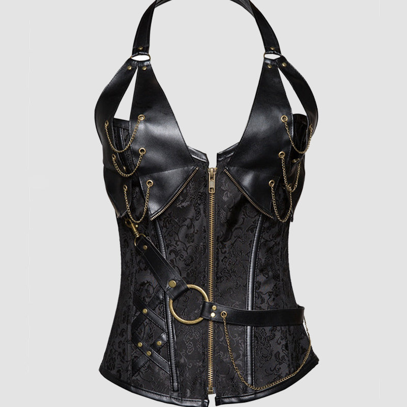 Black lace-up leather corset with halter straps, center front zip, chain accents, waist belt