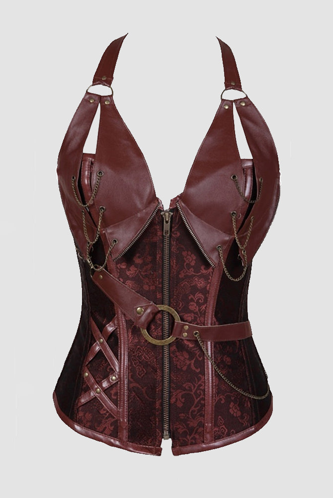 Burgundy leather corset with lace-up front, corset boning and silver grommets