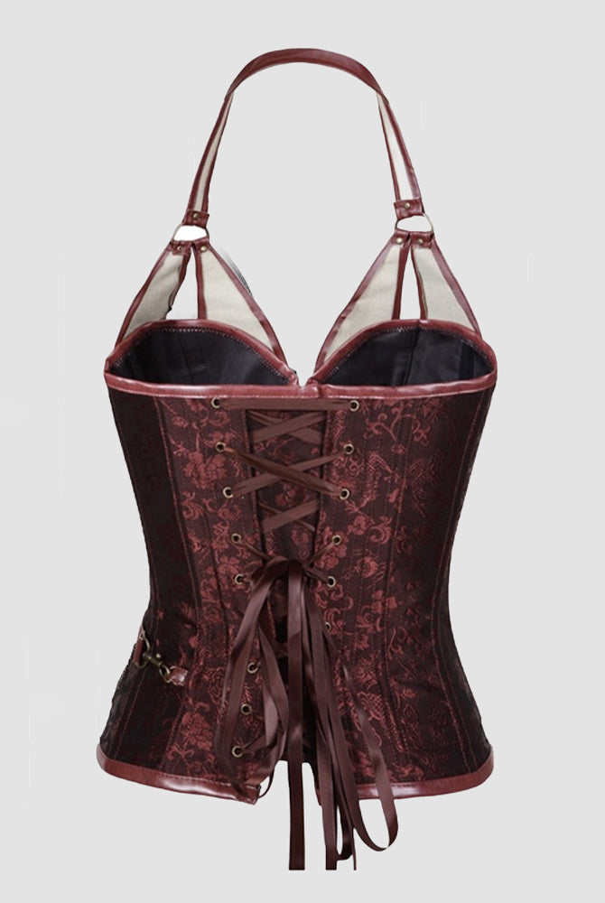 Burgundy corset top with adjustable straps, lace-up front and metal grommets