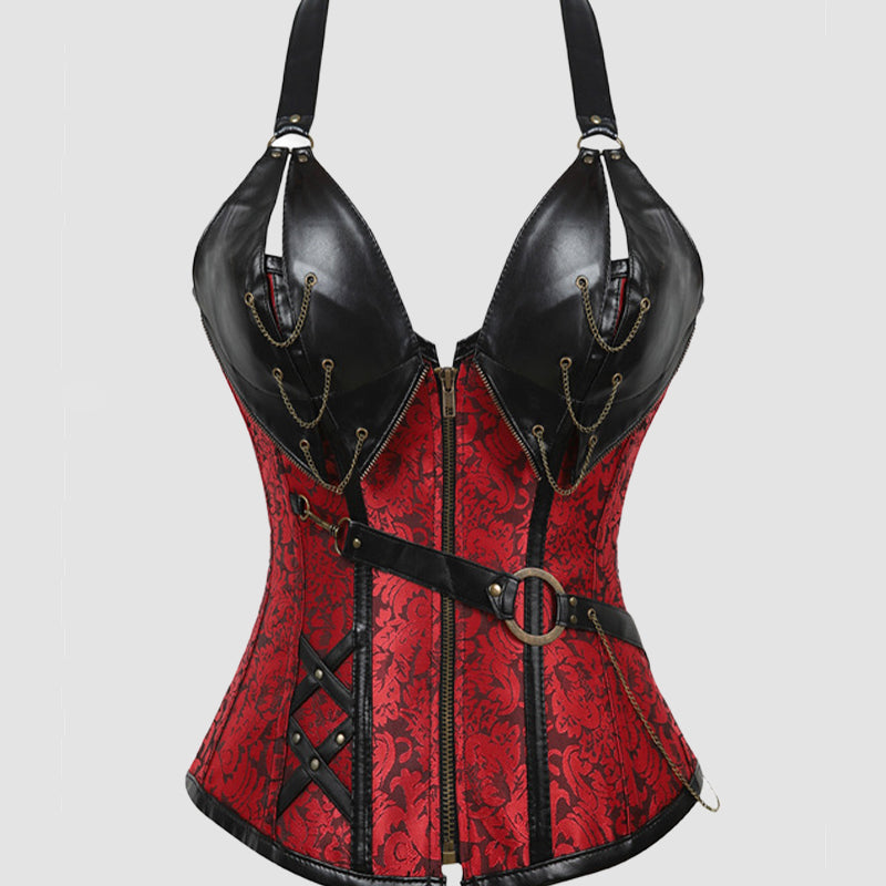 Red and black lace-up leather corset with steel-boned look, chain straps, waist belt