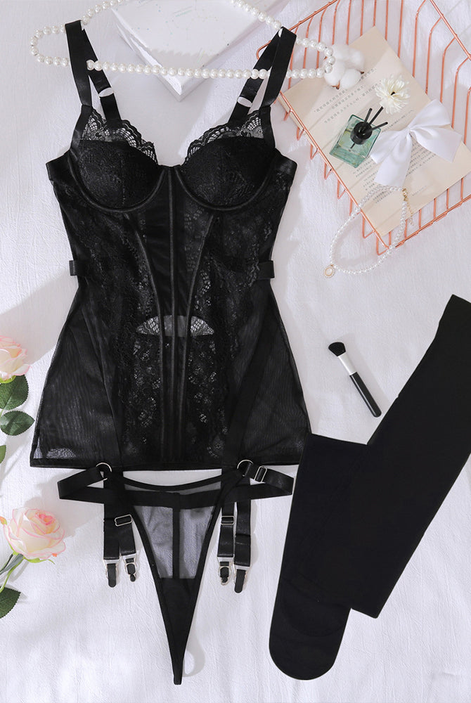 Black lace corset lingerie set with boning, thong, garter straps, stockings