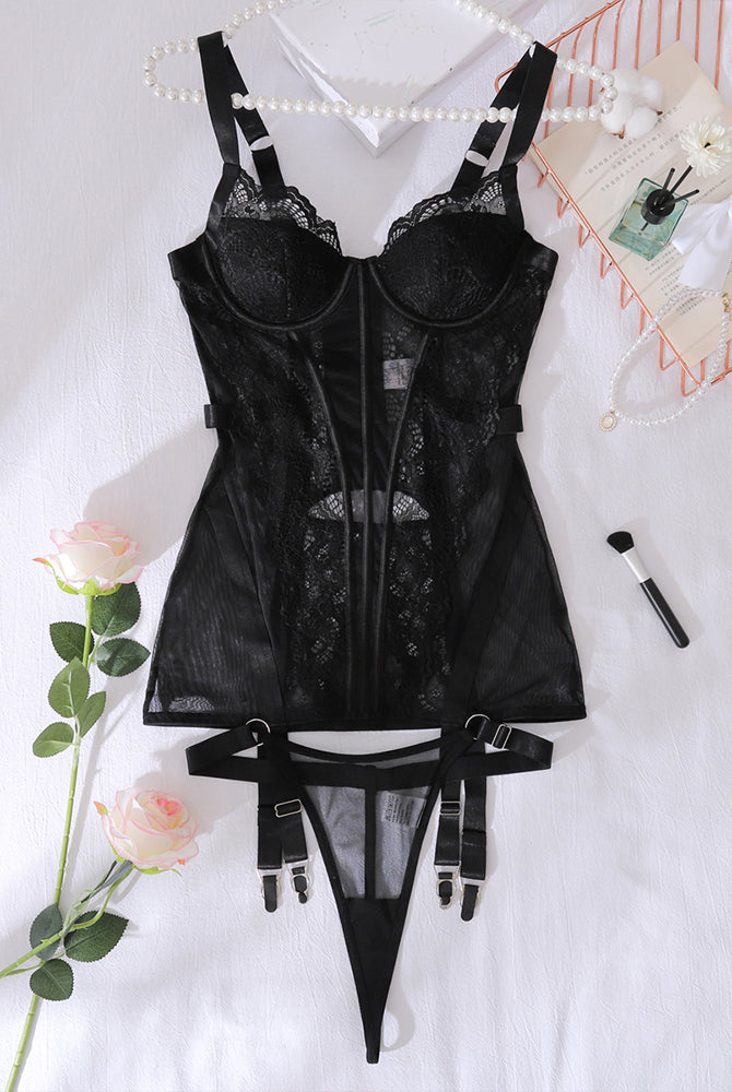 Black lace bustier corset with boning, thong and garter straps, set