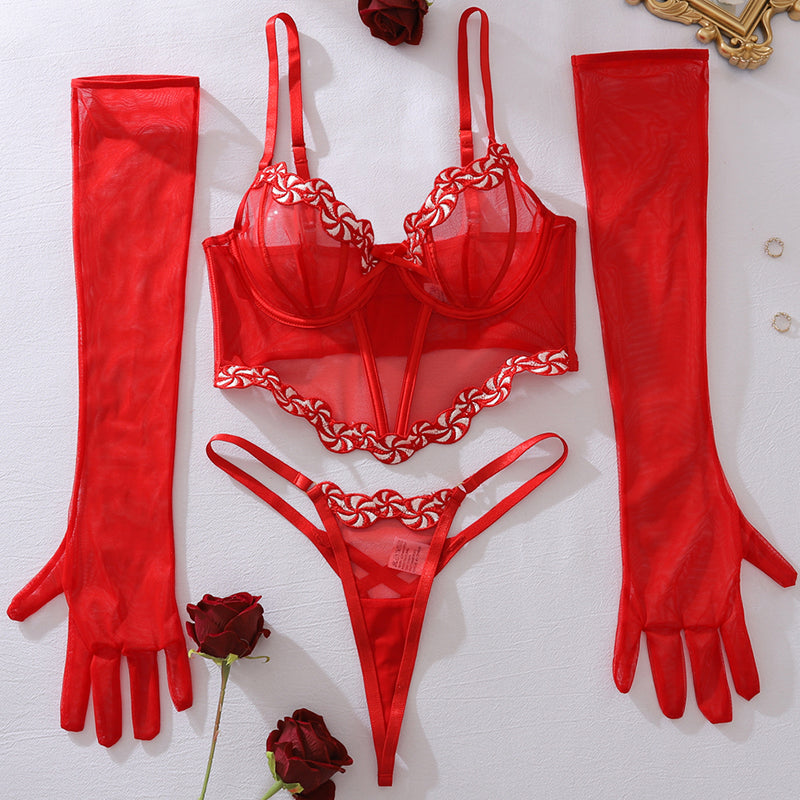 Lace Embroidery Corset Bra Set with Gloves