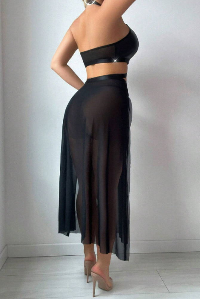 Black sheer cross backless skirt dress with a matching bandeau top.