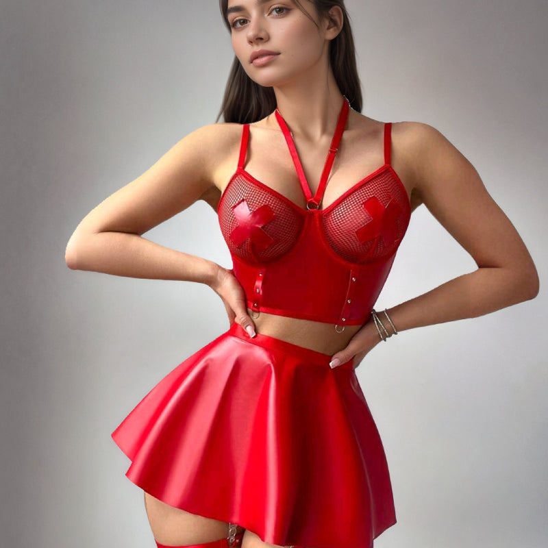 Leather FishNet Lace Up Bra Skirt Set