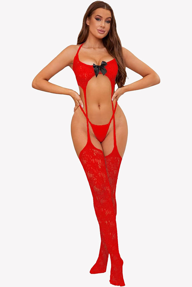 Red lace lingerie set with garter straps, thong, and long stockings, black bow at bust