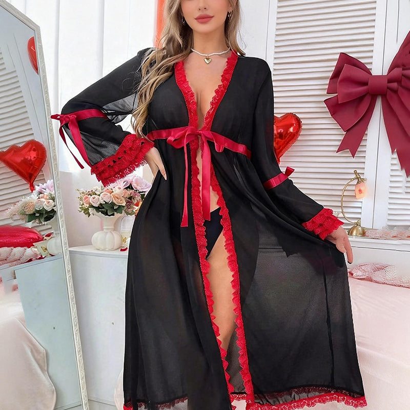 Sheer Mesh Long Robe with Red Lace Trim