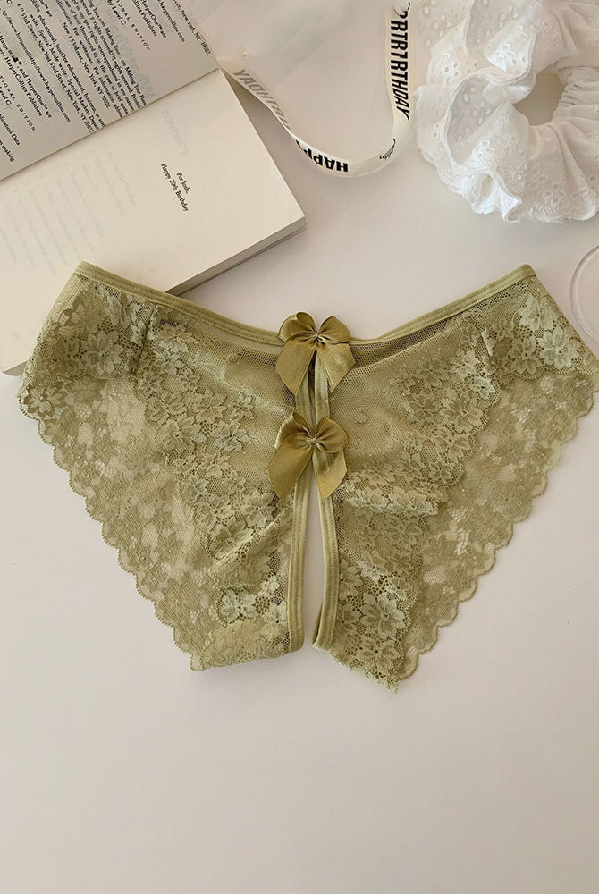Olive sheer floral lace panties with scalloped edges and center back bow