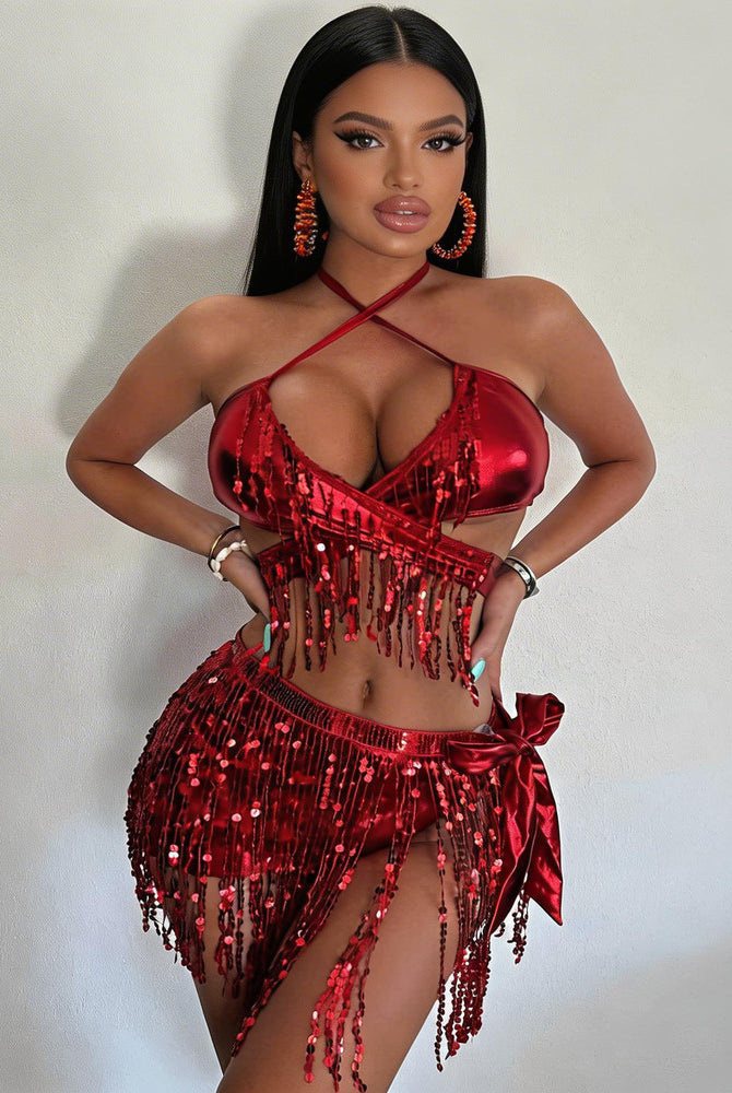 Red sequin fringe halter crop top and mini skirt set, halter tie at neck