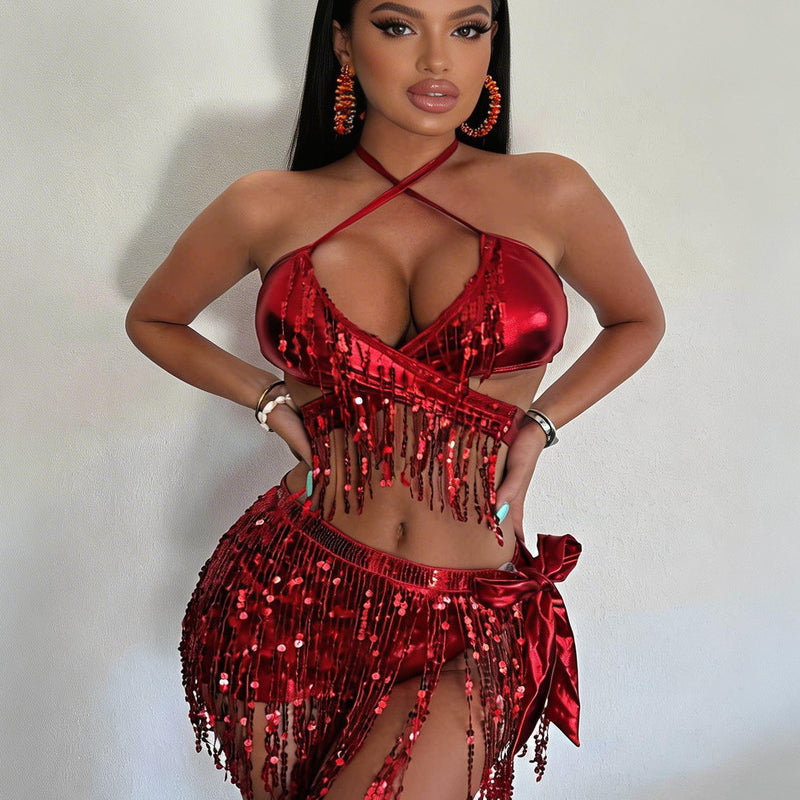 Red sequin fringe halter crop top and mini skirt set, halter tie at neck