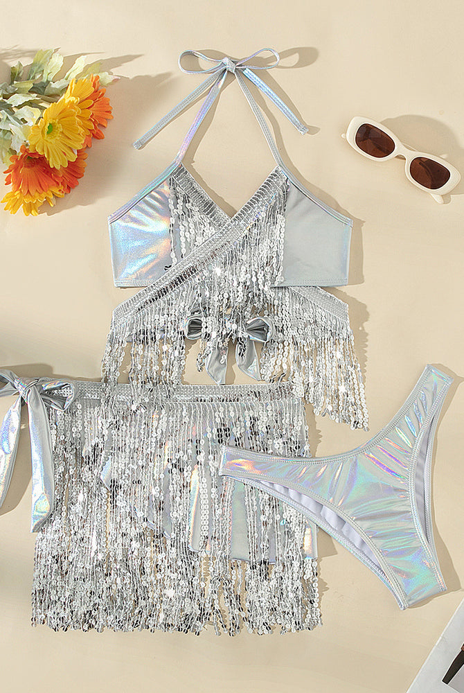 Iridescent sequin fringe halter crop top and mini skirt set, silver-toned