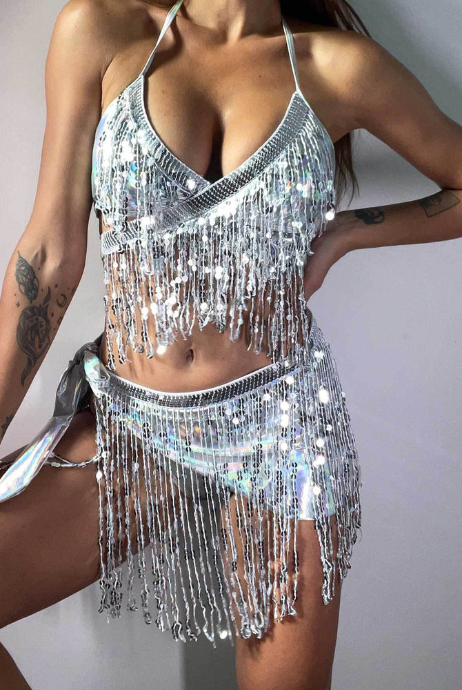 Iridescent sequin halter crop top and fringe mini skirt set, silver-toned