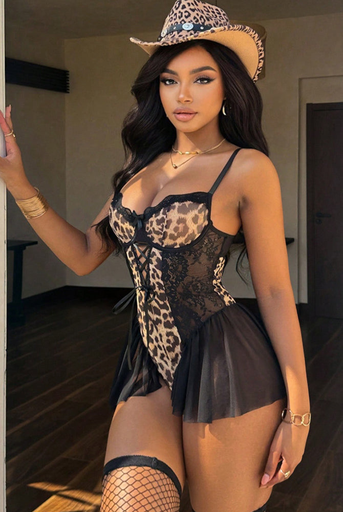 Leopard-print corset babydoll with black lace, lace-up details, and fishnet thigh panels