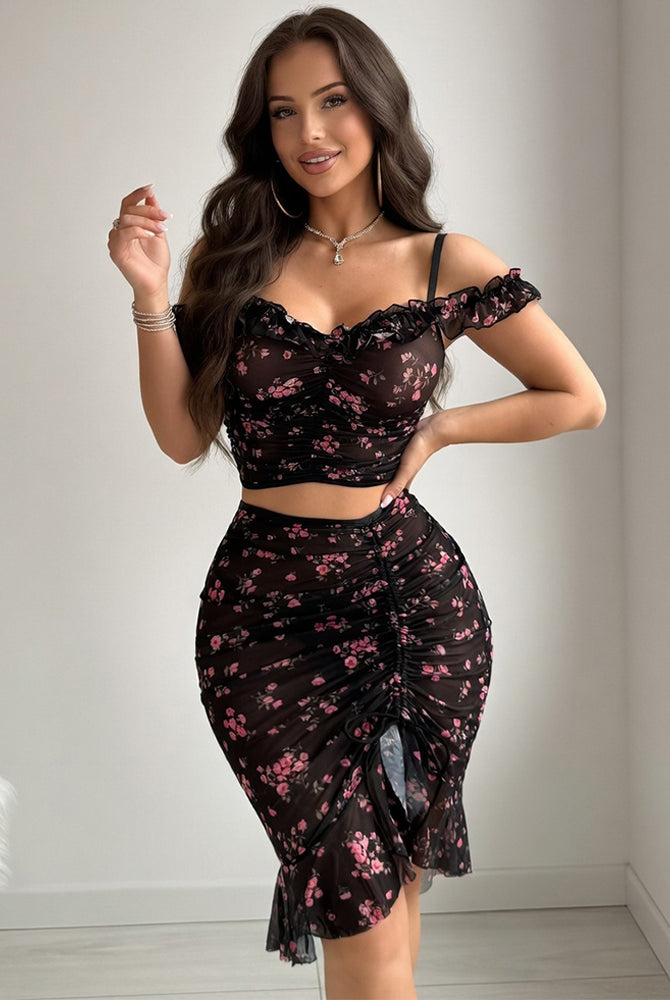Black floral mesh ruched set: off-shoulder crop top and ruched skirt