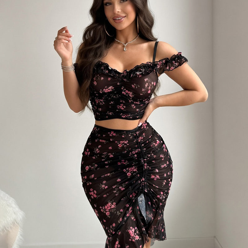 Black floral mesh ruched set: off-shoulder crop top and ruched skirt
