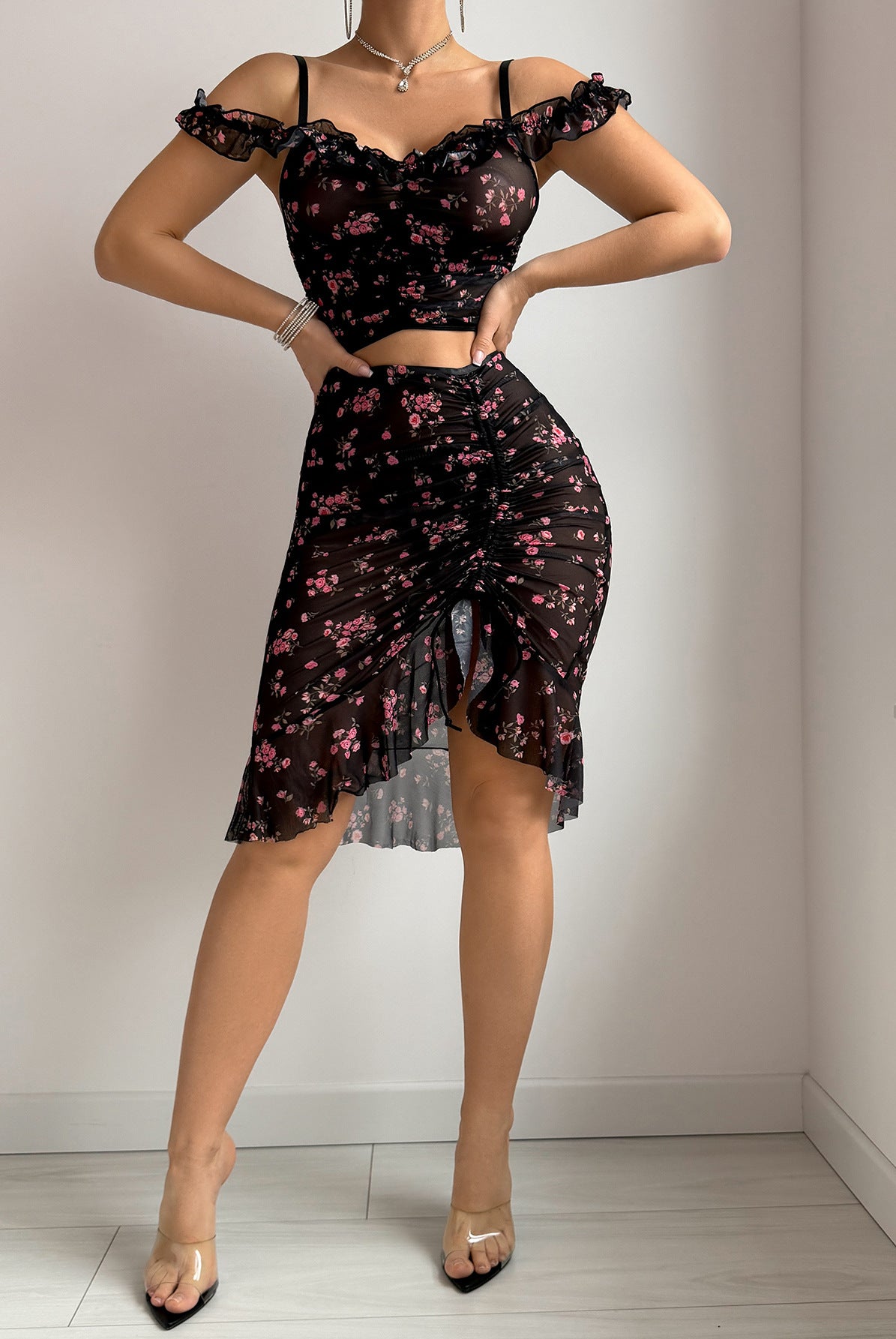 Black floral mesh off-shoulder crop top with ruched midi skirt