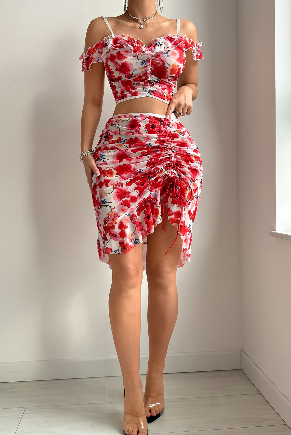 Red floral ruched crop top with ruffle off-shoulder and ruched skirt