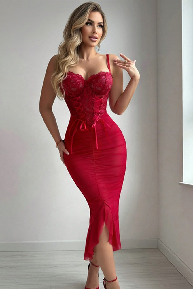 Red lace ruched corset midi dress with sweetheart neckline and sheer paneling