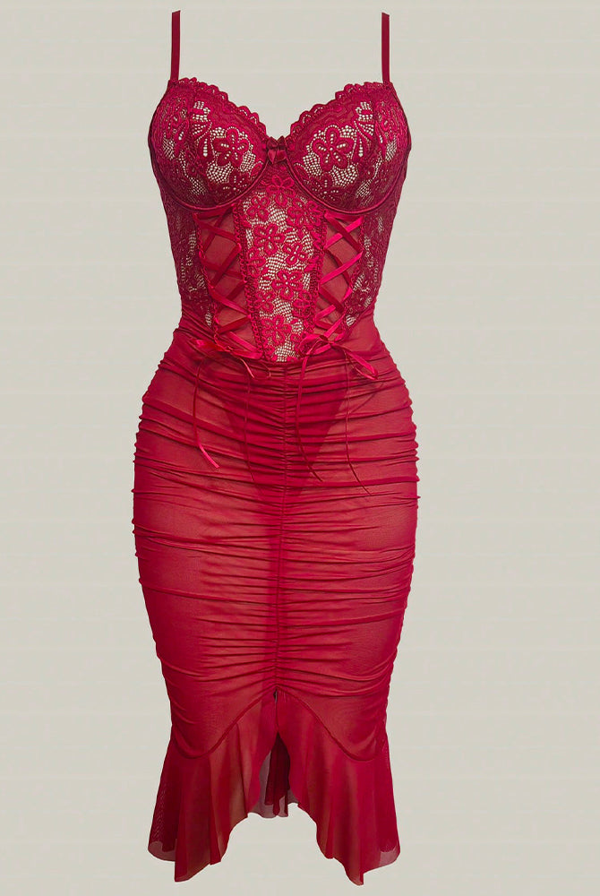 Red lace corset midi dress with scalloped cups, crisscross bodice and ruched skirt