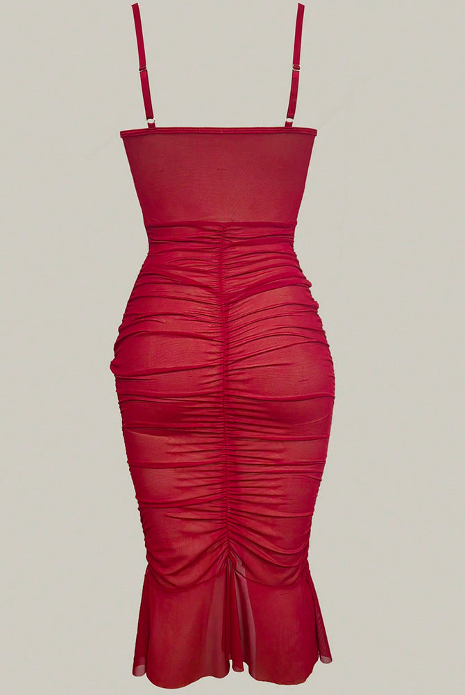 Red ruched corset midi dress back view with thin straps and mermaid hem