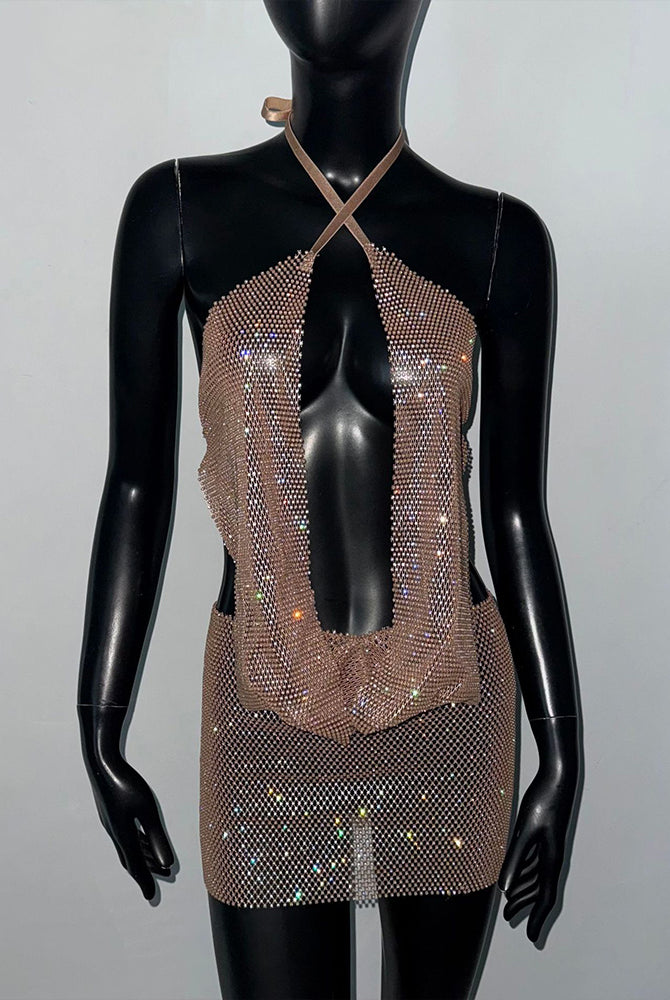 Gold rhinestone plunge crop top and mini skirt set, X neck with front cutout