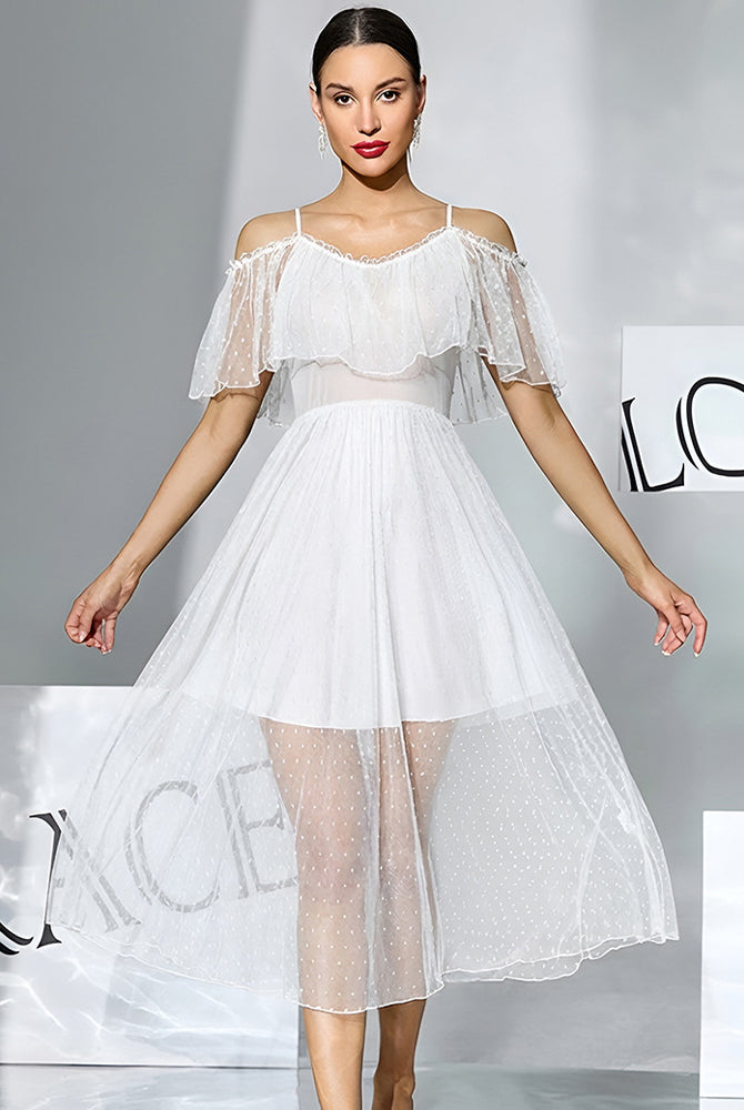 White off-shoulder polka-dot chiffon babydoll dress with ruffled neckline and layered skirt