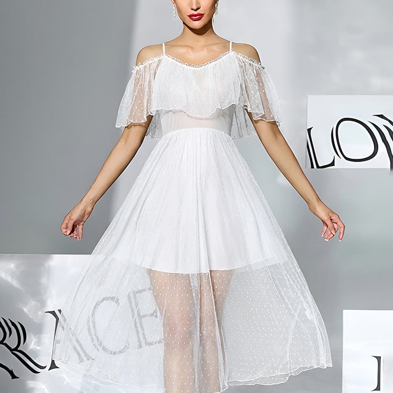 White off-shoulder polka-dot chiffon babydoll dress with ruffled neckline and layered skirt