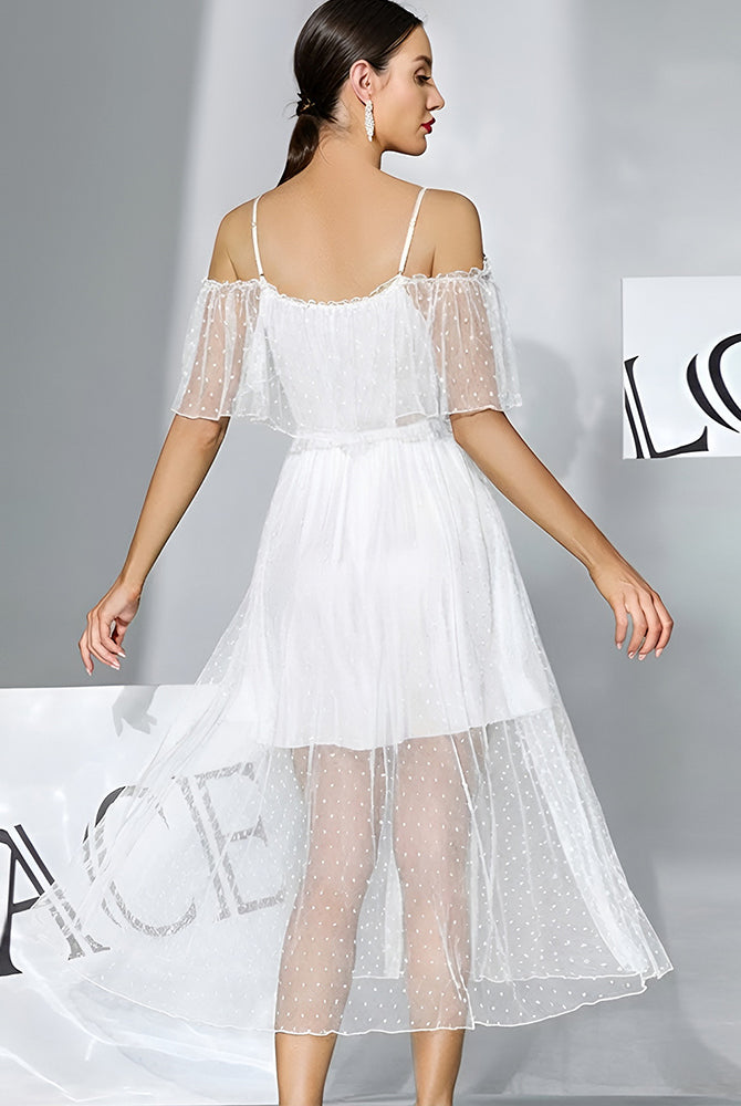 White off-shoulder polka-dot chiffon babydoll dress with sheer dot panels and flared hem
