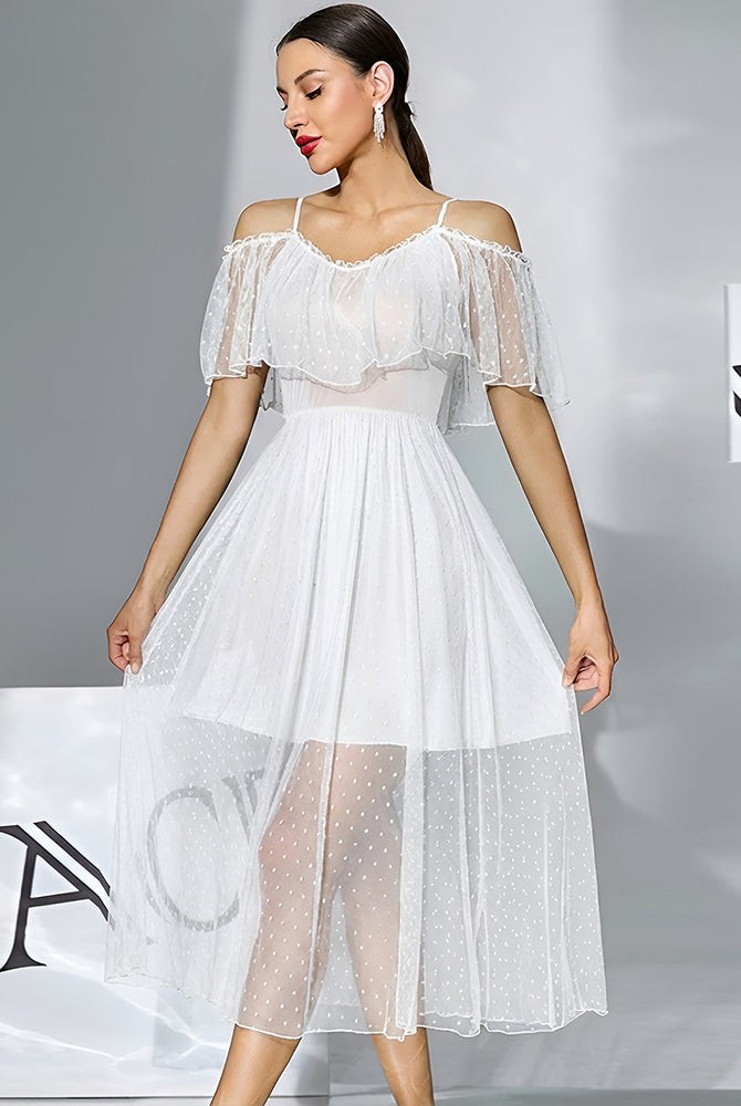 White off-shoulder polka-dot chiffon babydoll dress with layered skirt and scalloped neckline