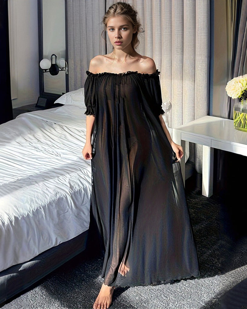Black off-shoulder chiffon maxi nightdress with gathered neckline and short puff sleeves