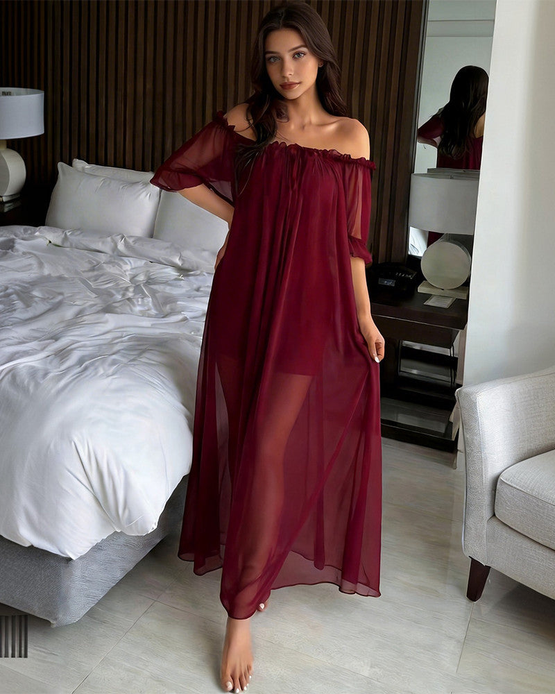 Red off-shoulder chiffon maxi nightdress with elastic neckline and flowing hem