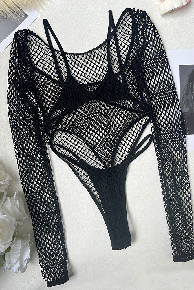 Black fishnet sheer bodysuit with long sleeves, laid flat for display