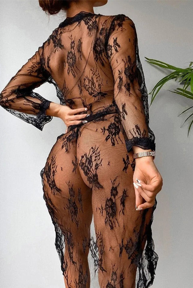 Dark sheer floral lace long robe set, V-neck tie front, long lace sleeves