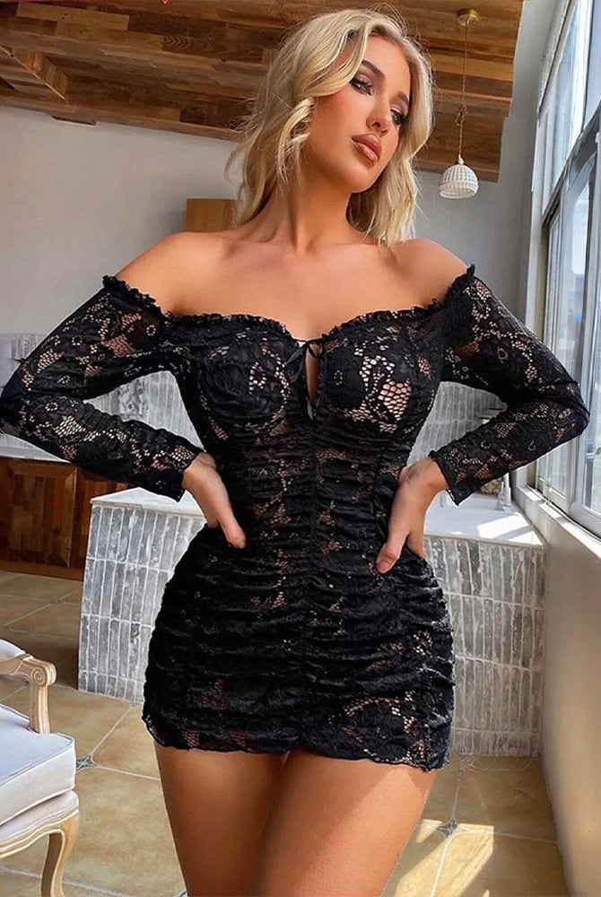 Black off-shoulder lace mini dress, long sleeves, ruched bodycon silhouette.
