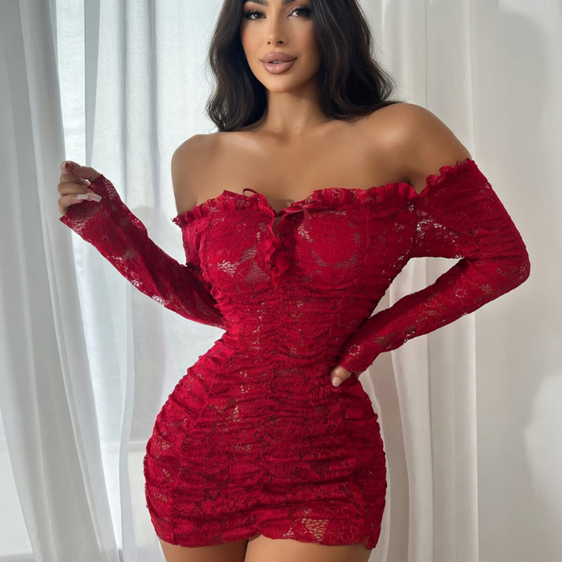 Red off-shoulder lace mini dress with long sleeves and ruched bodycon silhouette.