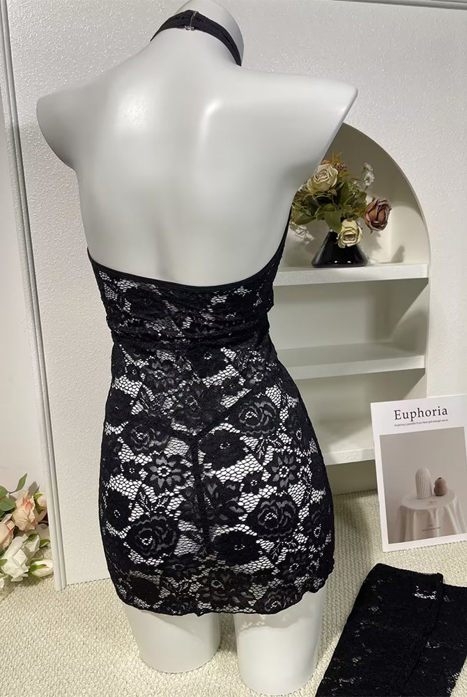 Black lace halter cutout bodycon dress on mannequin with open back design