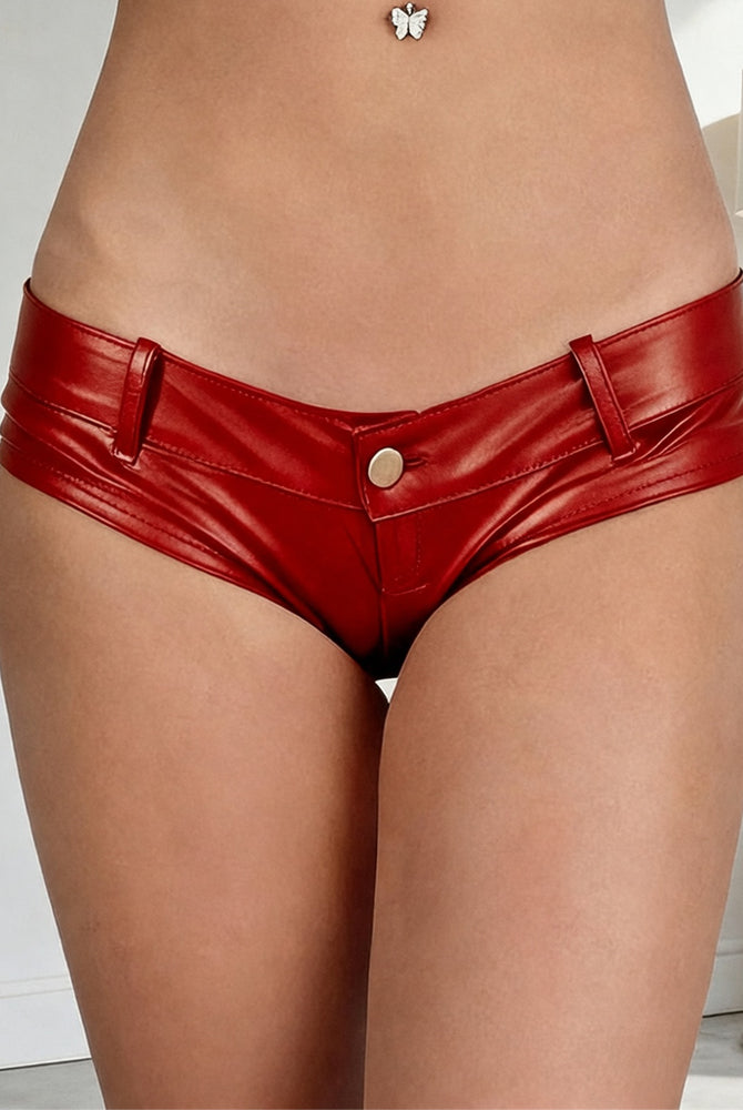 Red faux leather low rise booty shorts, snap front and wide waistband